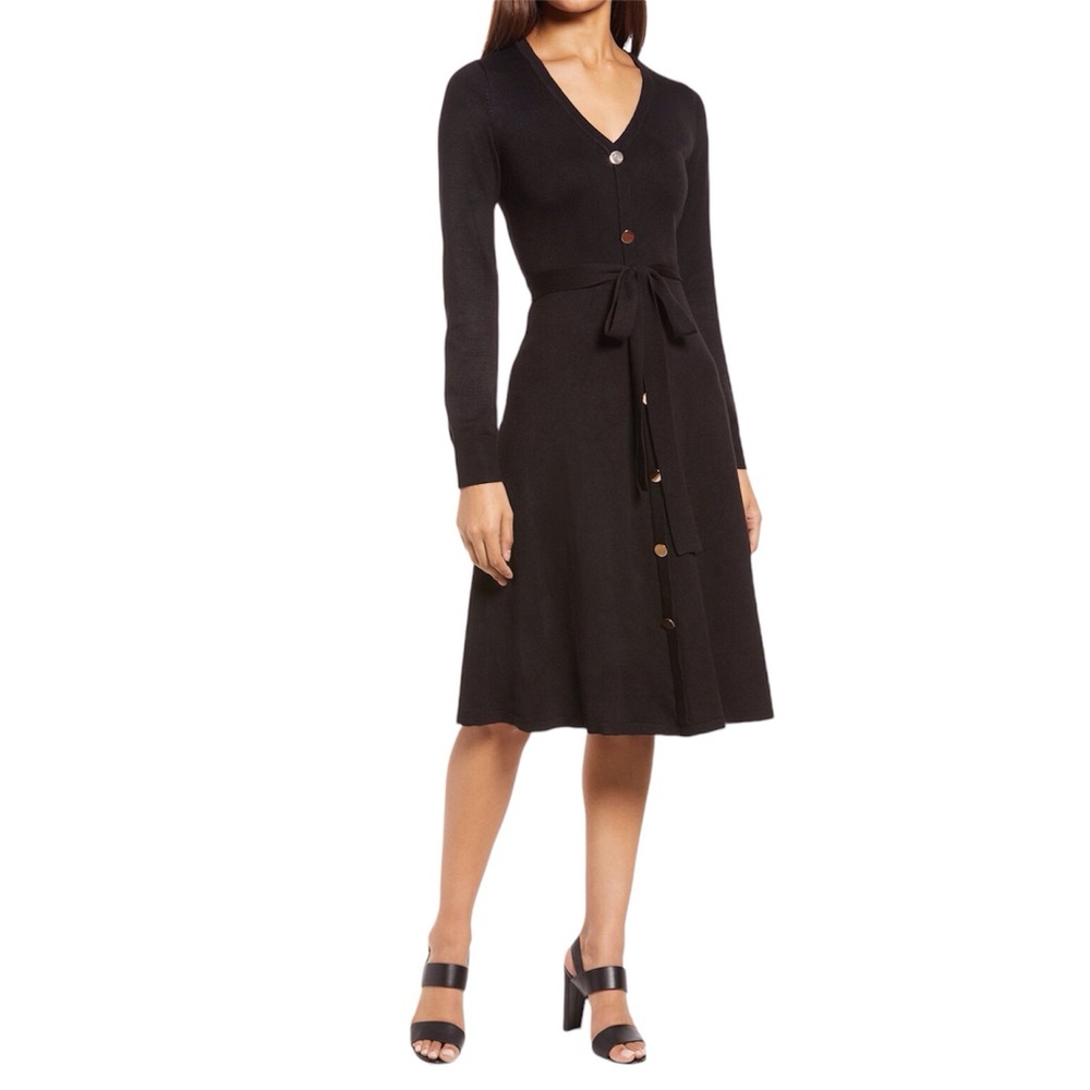 Eliza J Black Long Sleeve Belted V Neck Knit Sweater Dress Size X Small